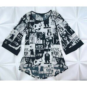 Investments Sz S Slinky Newspaper Print Blouse Top Bell Sleeve Italian Fashion